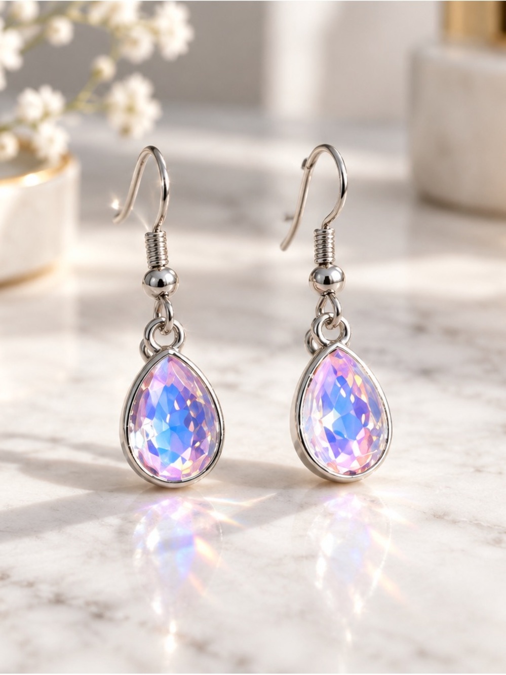 Fashion Jewelry Iridescent Pink and Blue Teardrop Dangle Earrings